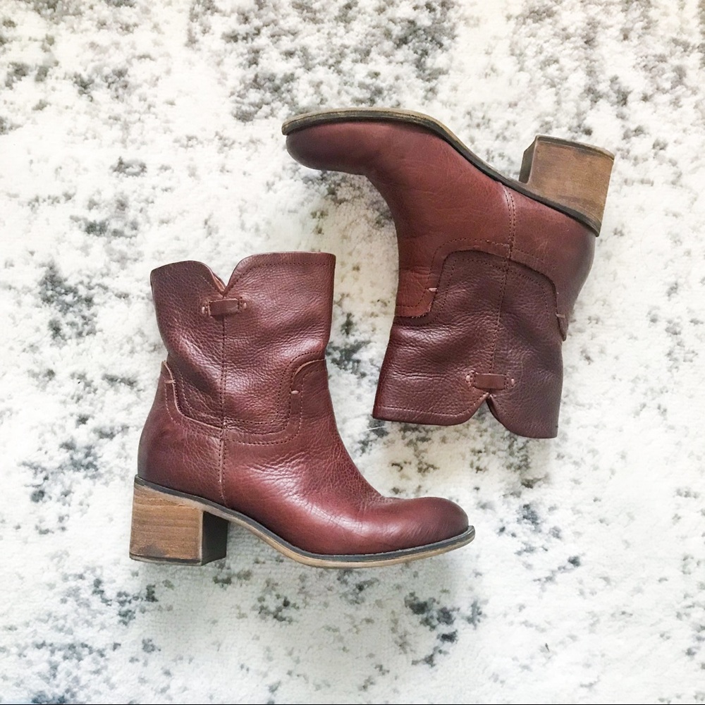 Franco Sarto Leather Ruddy Brown Boho Tall Ankle Heeled Boots 6.5